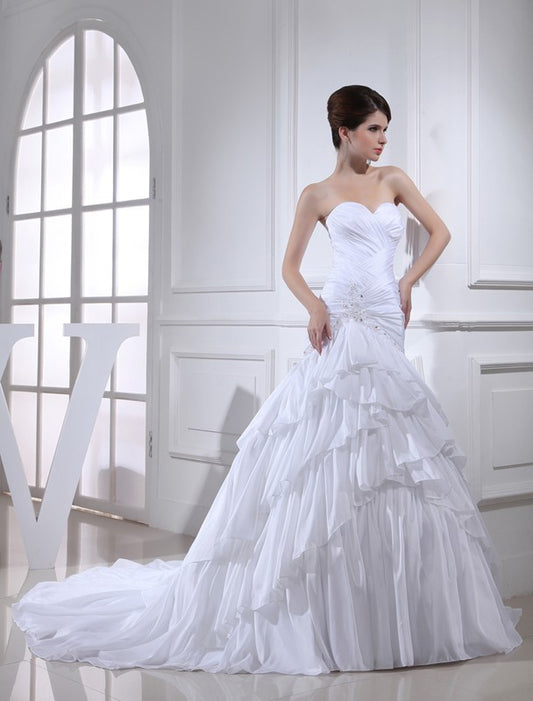 Sweetheart Long Beading Sleeveless Applique Trumpet/Mermaid Taffeta Wedding Dresses