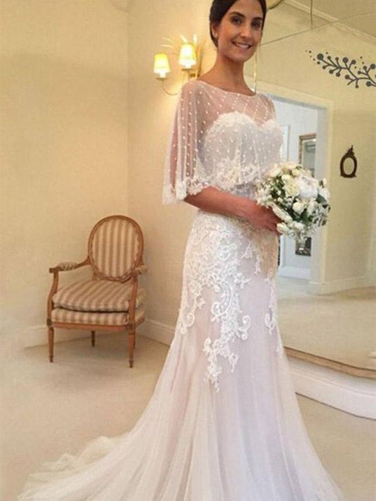 Tulle Sleeveless Sweep/Brush Sweetheart Sheath/Column Applique Train Wedding Dresses