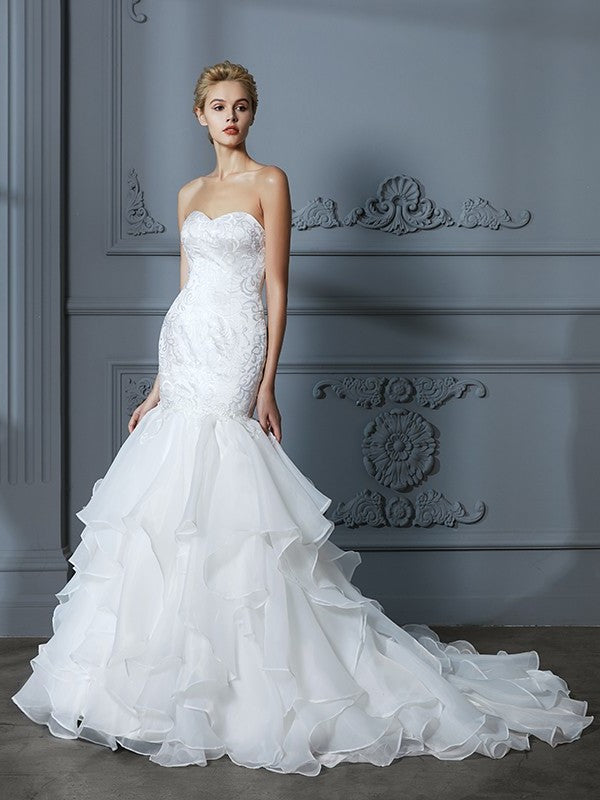 Sweep/Brush Train Ruffles Sweetheart Sleeveless Trumpet/Mermaid Organza Wedding Dresses