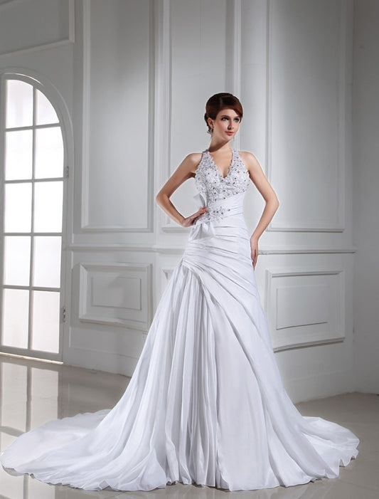 Sleeveless Long A-Line/Princess Halter Beading Taffeta Wedding Dresses