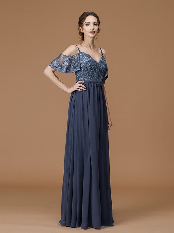 Sleeveless Lace Floor-Length Straps A-Line/Princess Spaghetti Chiffon Bridesmaid Dresses