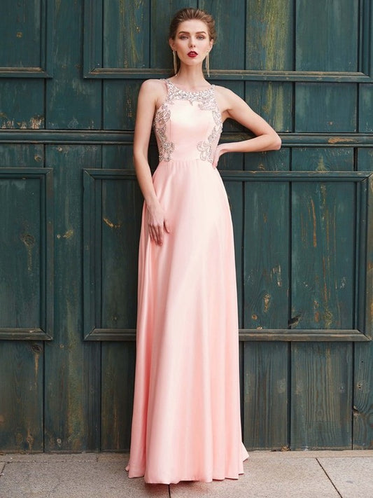 Beading Scoop A-Line/Princess Sleeveless Satin Floor-Length Dresses