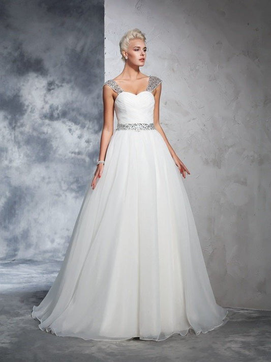 Ball Ruched Straps Long Sleeveless Gown Net Wedding Dresses