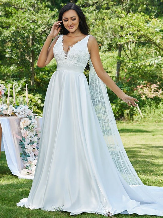 Sweep/Brush V-neck Sleeveless A-Line/Princess Satin Applique Train Wedding Dresses