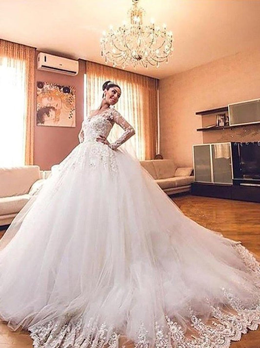 V-neck Ball Long Tulle Court Sleeves Gown Train Wedding Dresses