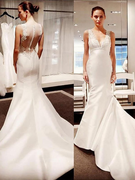 V-neck Trumpet/Mermaid Applique Satin Sleeveless Court Train Wedding Dresses