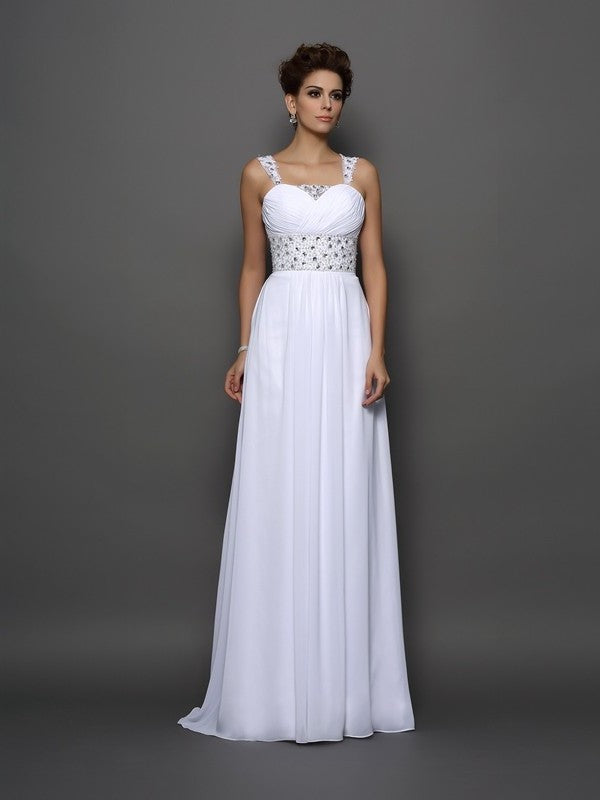 Sleeveless A-Line/Princess Long Beading Straps Chiffon Wedding Dresses