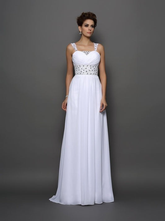 Sleeveless A-Line/Princess Long Beading Straps Chiffon Wedding Dresses