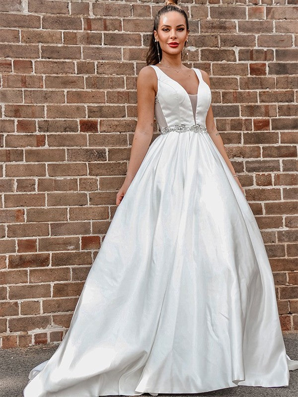 A-Line/Princess V-neck Sleeveless Beading Satin Court Train Wedding Dresses