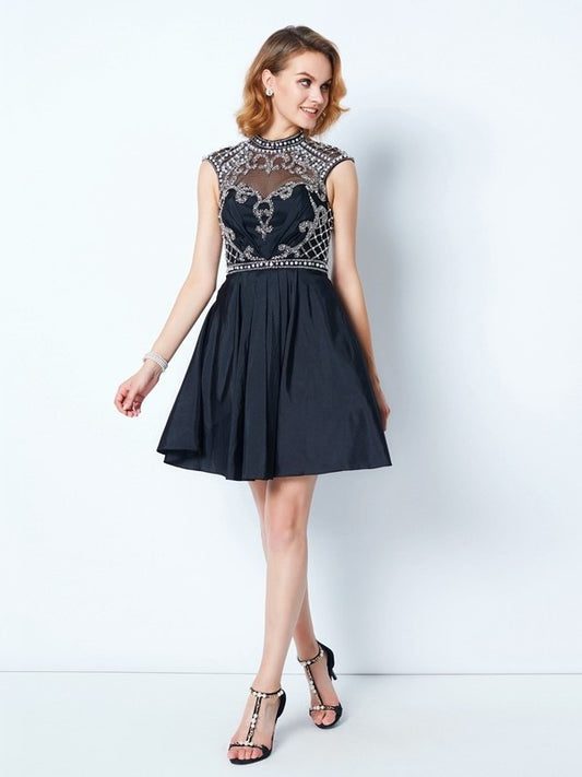 Neck A-Line/Princess Beading Sleeveless High Short/Mini Satin Dresses