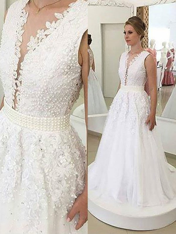 Applique Train Sweep/Brush V-neck A-Line/Princess Sleeveless Tulle Wedding Dresses