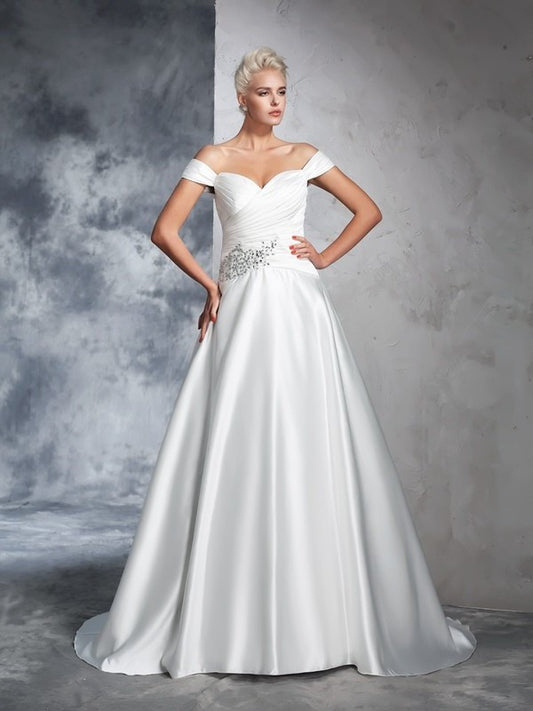 Off-the-Shoulder Long Sleeveless Gown Ruched Ball Taffeta Wedding Dresses