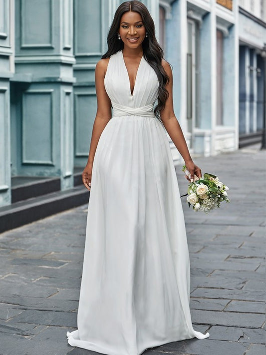 Ruched Chiffon A-Line/Princess Sleeveless Halter Floor-Length Wedding Dresses