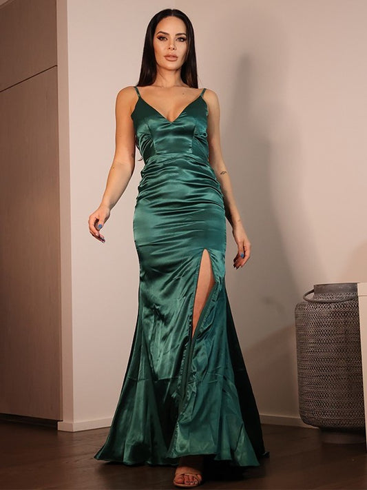 like Satin V-neck Sheath/Column Sleeveless Silk Ruched Sweep/Brush Train Dresses