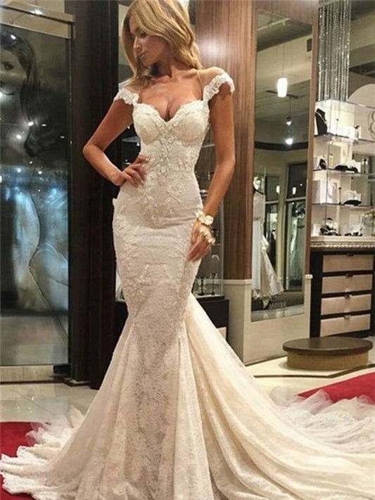 Sleeveless V-neck Train Trumpet/Mermaid Chapel Lace Wedding Dresses