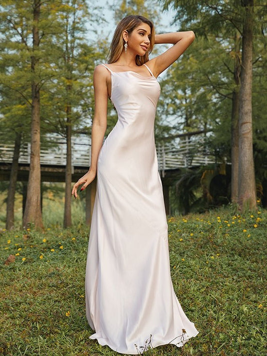 Charmeuse Sweep/Brush Straps Sheath/Column Spaghetti Ruched Sleeveless Train Bridesmaid Dresses