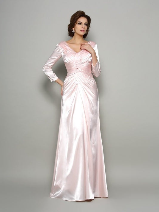 Sleeves Silk V-neck Long Mother Satin A-Line/Princess of Ruched Long like the Bride Dresses