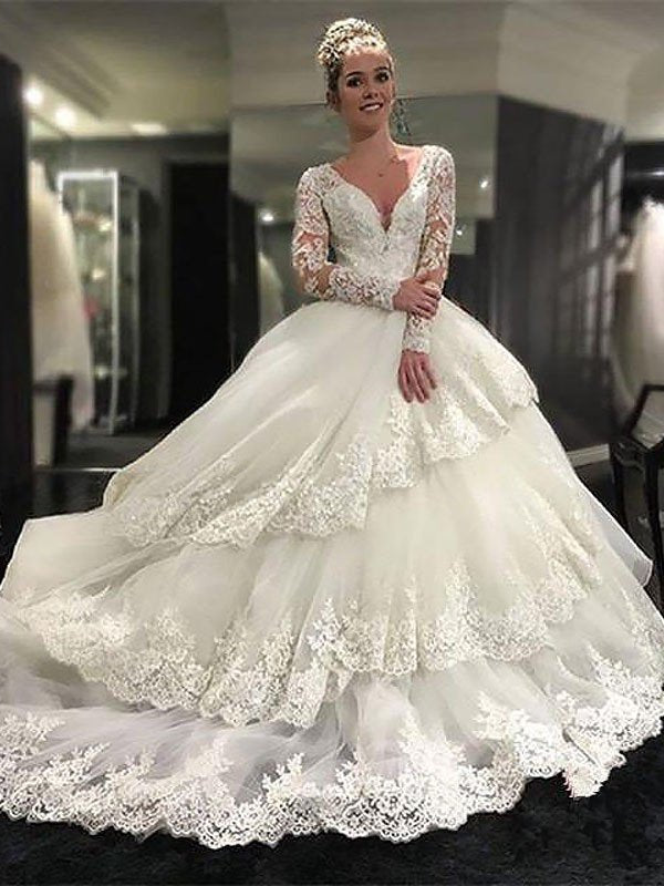 V-neck Lace Long Ball Gown Court Tulle Sleeves Train Wedding Dresses