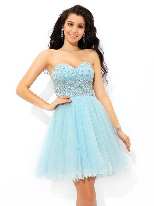 A-Line/Princess Sweetheart Shyla Beading Short Sleeveless Satin Homecoming Dresses Cocktail Dresses