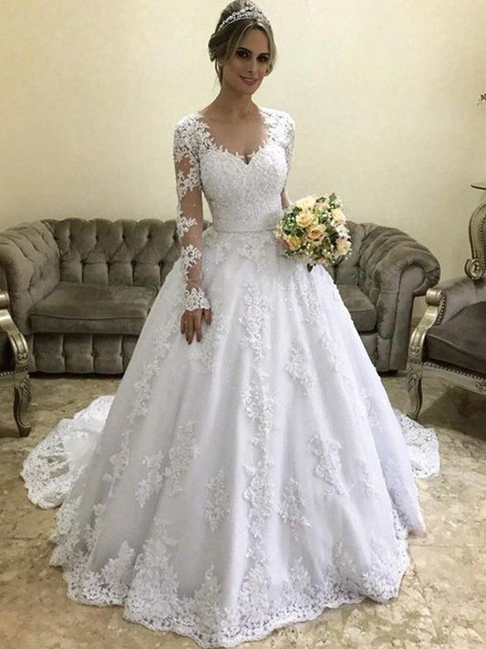 Ball Long Gown Sleeves Train Applique Court V-neck Satin Wedding Dresses