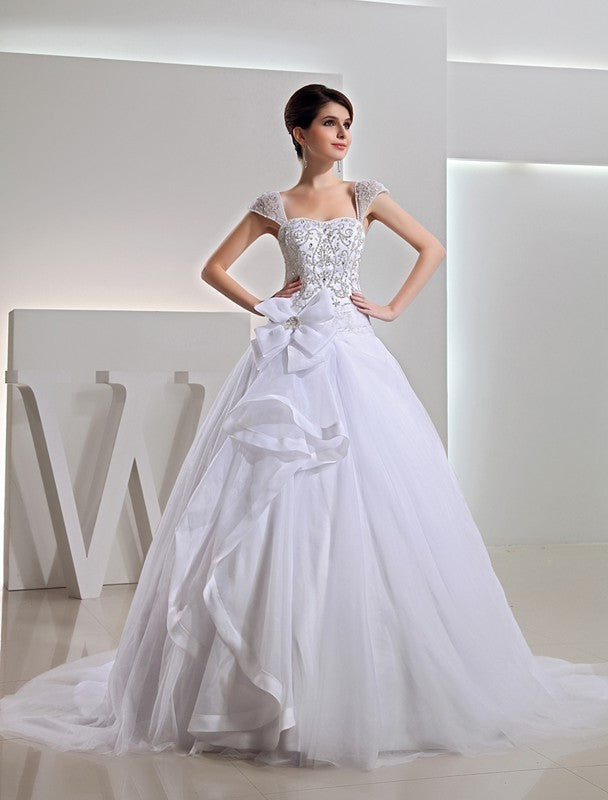 Embroidery Organza Beading Ball Long Gown Bowknot Wedding Dresses