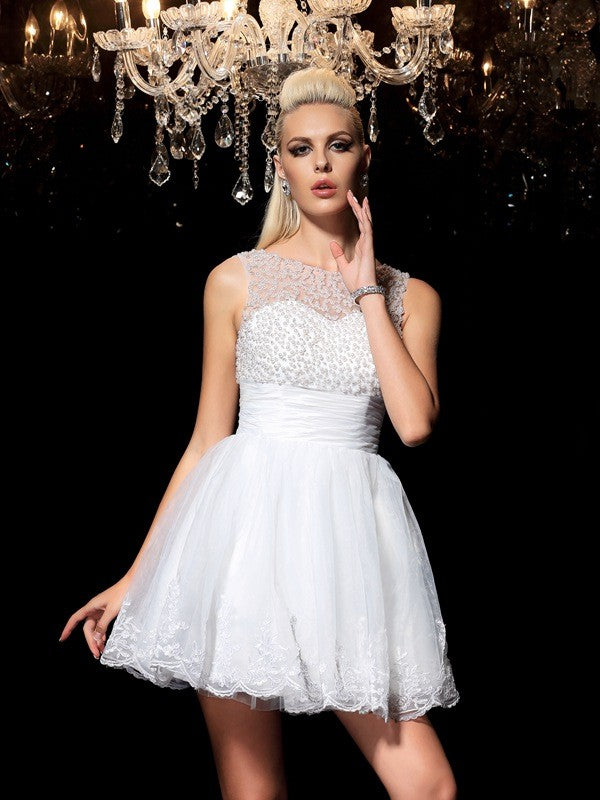 Abigail A-Line/Princess Sheer Neck Beading Sleeveless Homecoming Dresses Short Elastic Woven Satin Cocktail Dresses