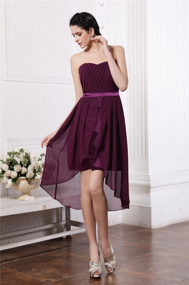 Homecoming Dresses Sheath/Column Strapless Sierra Sleeveless Sash Pleats High Low Chiffon Cocktail Dresses