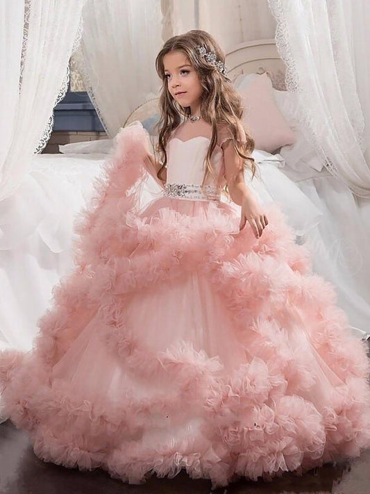 Ball Tulle Gown Short Jewel Sleeves Crystal Floor-Length Flower Girl Dresses