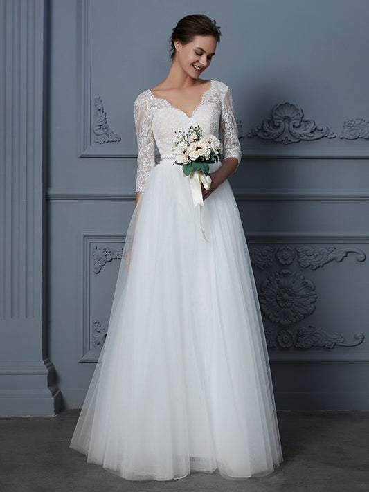 3/4 Lace V-neck Floor-Length A-Line/Princess Sleeves Tulle Wedding Dresses