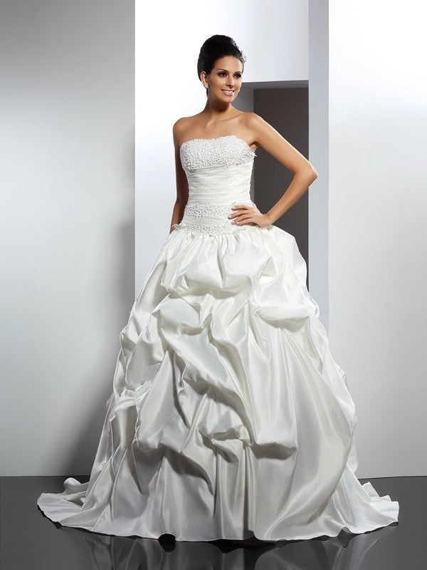 Gown Long Strapless Sleeveless Ball Satin Wedding Dresses