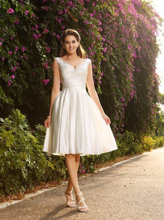 Beading Sleeveless Short V-neck A-Line/Princess Satin Wedding Dresses