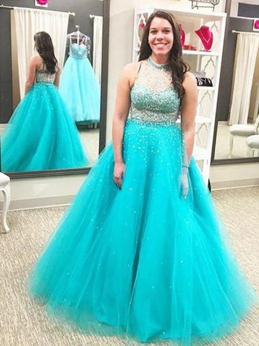 Gown Neck Beading Floor-Length High Tulle Ball Sleeveless Plus Size Dresses