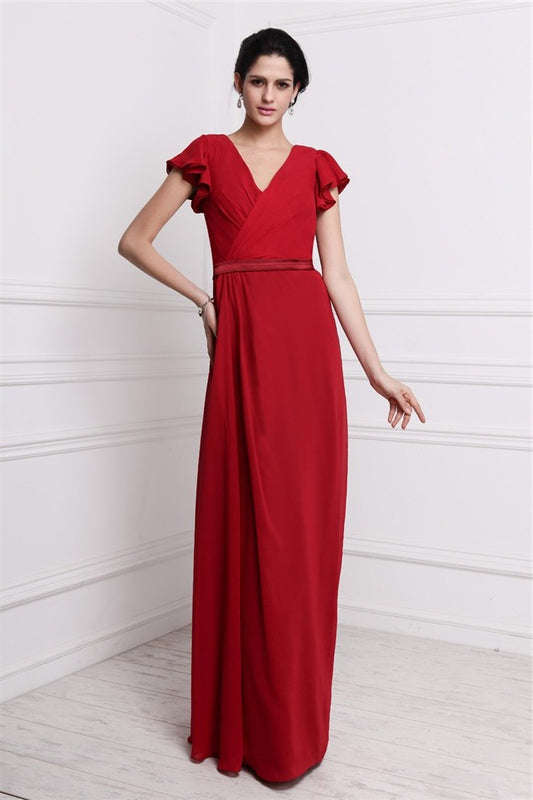 V-neck Pleats Long Short Sleeves Sheath/Column Chiffon Bridesmaid Dresses