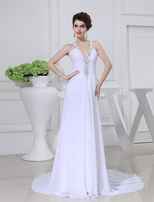 V-neck Sleeveless Beading A-Line/Princess Chiffon Wedding Dresses