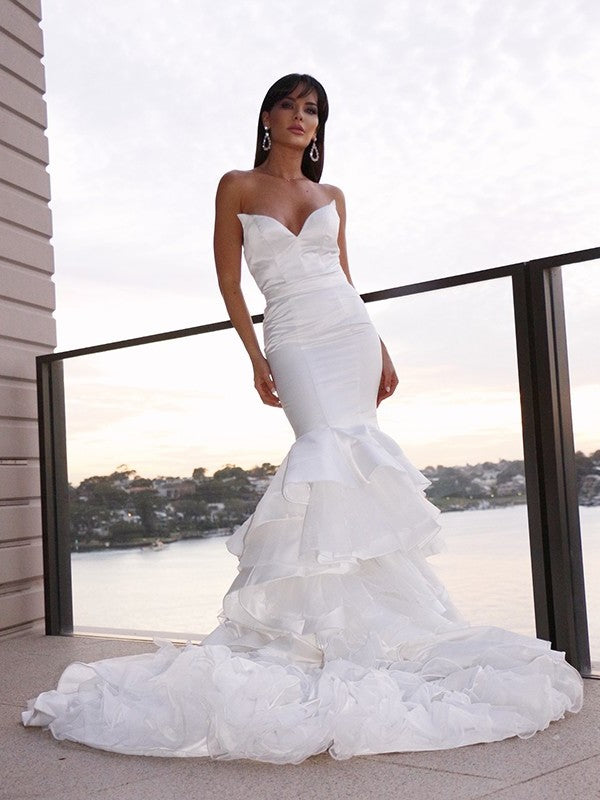 Sweetheart Satin Trumpet/Mermaid Sweep/Brush Sleeveless Layers Train Wedding Dresses