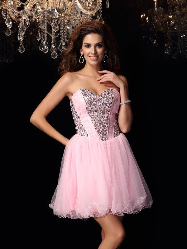 A-Line/Princess Sweetheart Homecoming Dresses Ruffles Sleeveless Quintina Short Elastic Woven Satin Cocktail Dresses