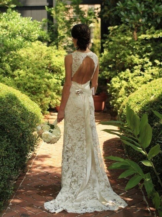 V-neck Lace Sweep/Brush Sleeveless Sheath/Column Train Wedding Dresses