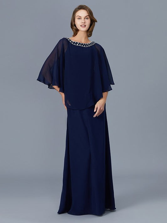 Sheath/Column Beading Sleeves Floor-Length Chiffon Long Mother of Scoop the Bride Dresses