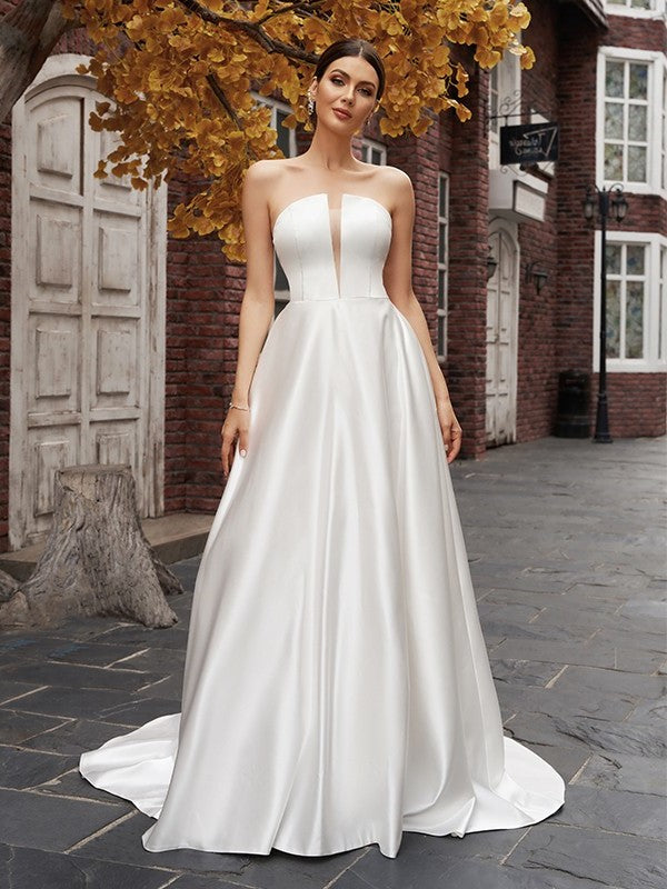 Sleeveless Sweep/Brush Ruffles A-Line/Princess Satin Strapless Train Wedding Dresses