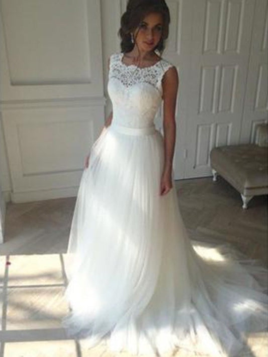 Sleeveless A-Line/Princess Train Square Court Tulle Wedding Dresses