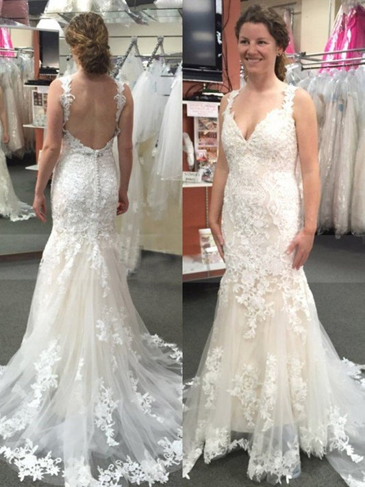 Sleeveless Applique Straps Sweep/Brush Tulle Trumpet/Mermaid Train Wedding Dresses