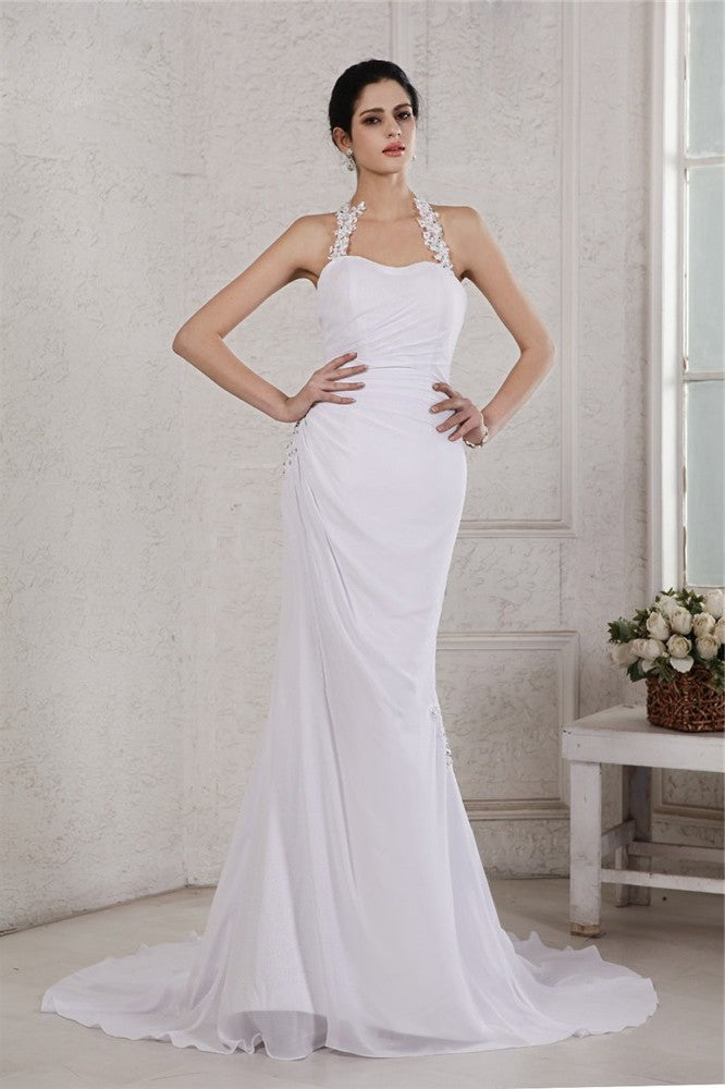 Halter Applique Sleeveless Trumpet/Mermaid Beading Long Chiffon Wedding Dresses