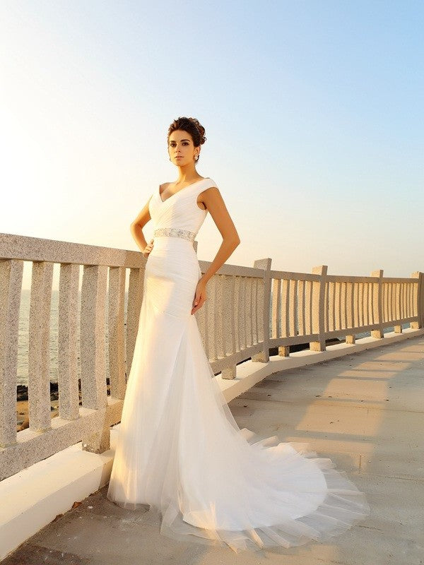 Pleats Long V-neck Sheath/Column Net Sleeveless Beach Wedding Dresses