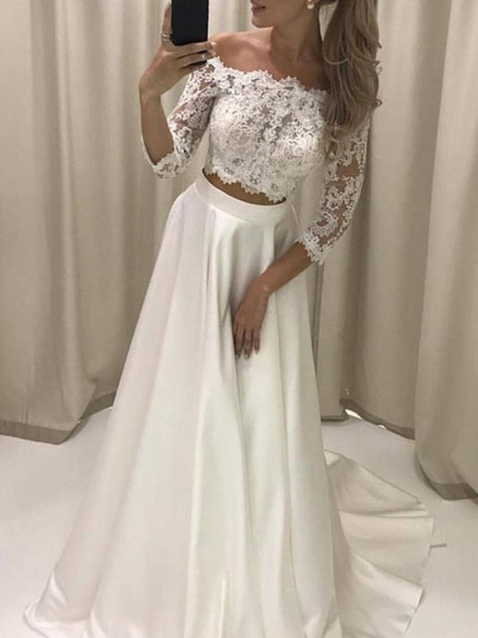 Court 3/4 A-Line/Princess Off-the-Shoulder Sleeves Train Applique Satin Wedding Dresses