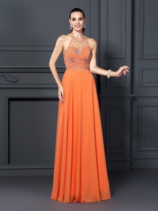 Sleeveless Beading Scoop A-Line/Princess Long Chiffon Dresses