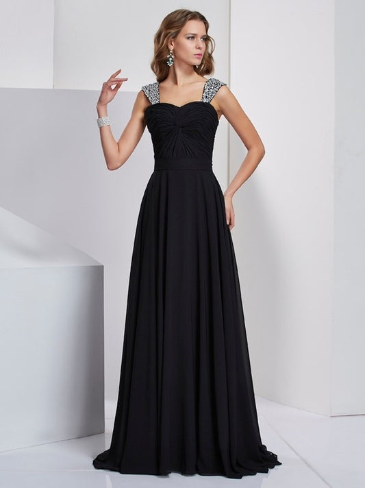 Beading Straps A-Line/Princess Sleeveless Long Chiffon Dresses