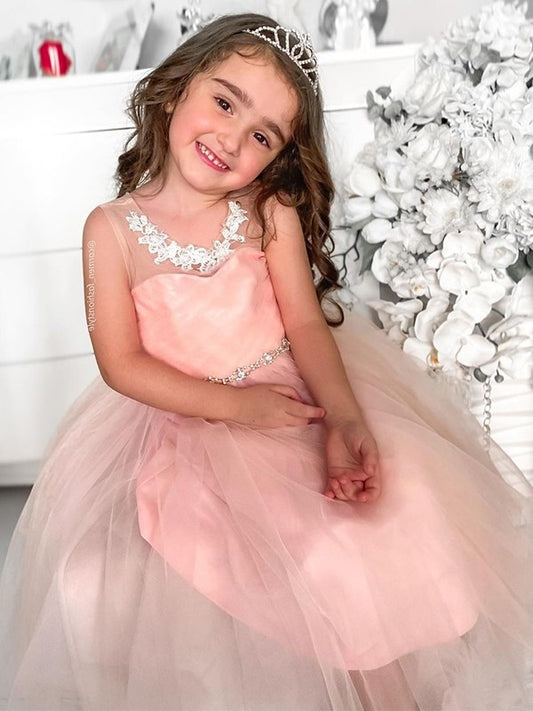 Beading Tulle Tea-Length A-Line/Princess Sleeveless Scoop Flower Girl Dresses