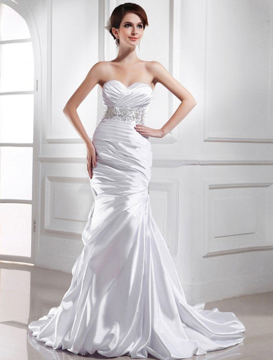 Trumpet/Mermaid Sweetheart Beading Woven Elastic Sleeveless Satin Wedding Dresses