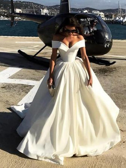 Gown Off-the-Shoulder Train Court Ball Satin Wedding Dresses