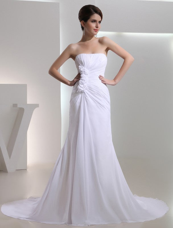 Pleated Beading Sleeveless A-Line/Princess Strapless Chiffon Wedding Dresses